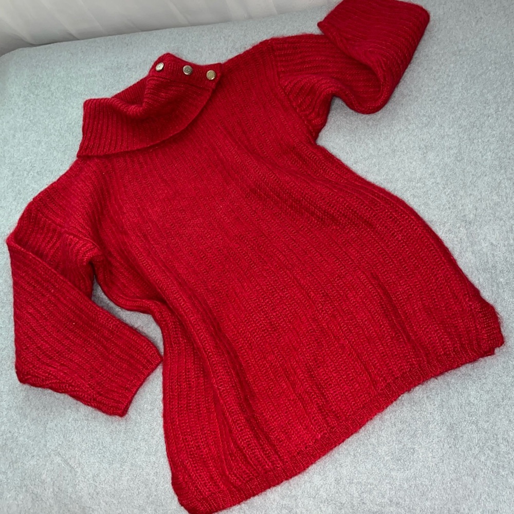 Y2K 90s Red Tunic Mohair Sweater Medium Turtleneck Chunky Longline Ribbed